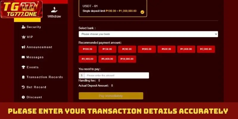 Please enter your transaction details accurately